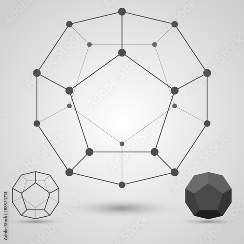 Monochrome  framework of connected lines and dots. Dodecahedron geometric elements. photo