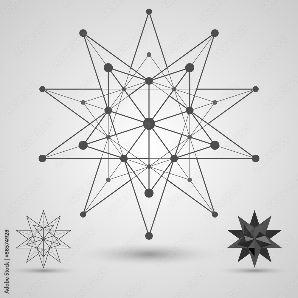 Monochrome skeleton of connected lines and dots. Great stellated dodecahedron stereometric element. - obrazy, fototapety, plakaty 
