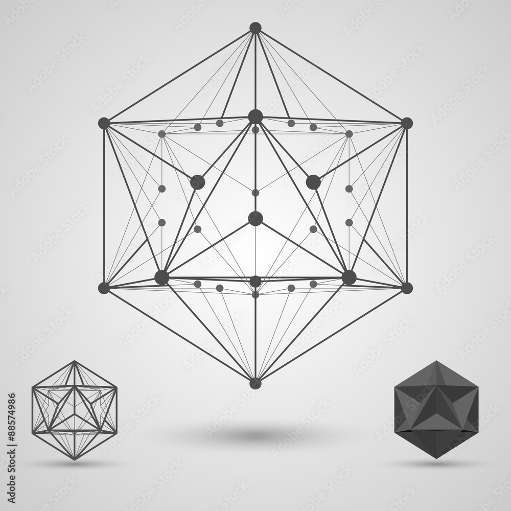 Monochrome frame of connected lines and dots. Great dodecahedron stereometric element. Monochrome frame of connected lines and dots. Great dodecahedron stereometric element.