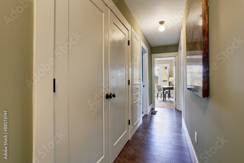 Nice hallway with green interior  and hardwood floor