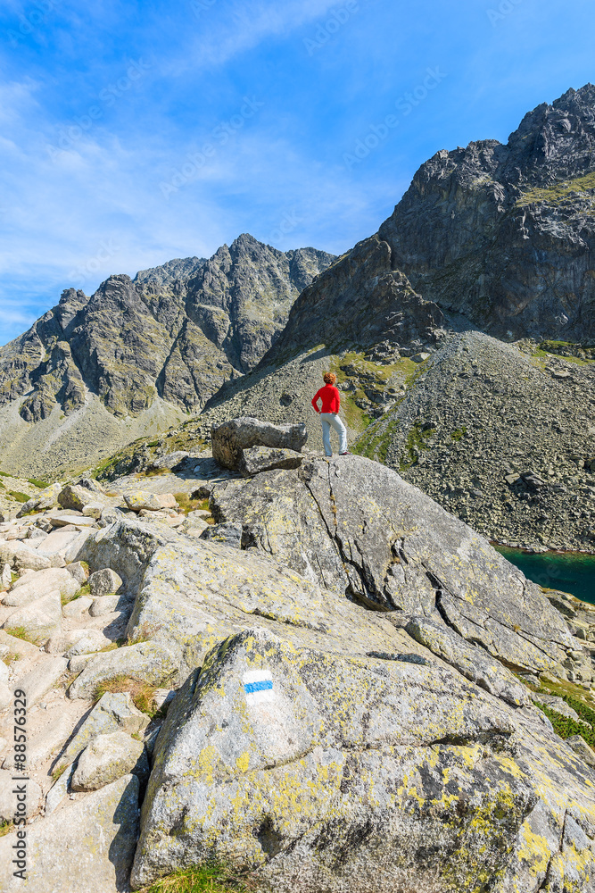 Fototapeta premium Young woman tourist standing on top of rock on hiking trail in summer landscape of High Tatra Mountains, Slovakia