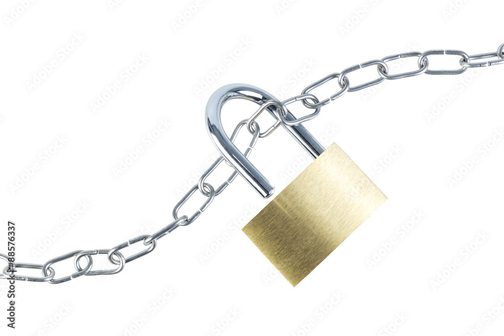 Metal chain and an unlocked padlock, viewed from above, isolated on white background. Metal chain and an unlocked padlock, viewed from above, isolated on white background.