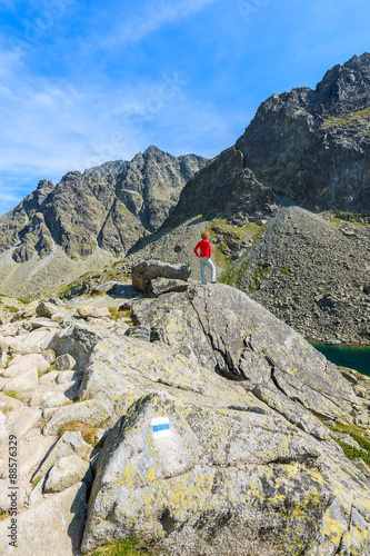 Young woman tourist standing on top of rock on hiking trail in summer landscape of High Tatra Mountains, Slovakia