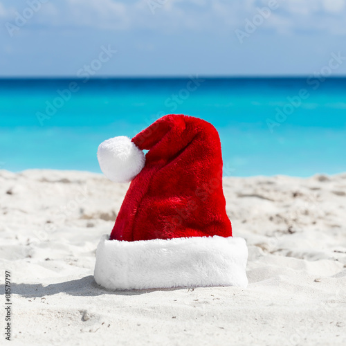 Santa Claus hat at caribbean sandy beach, Cancun