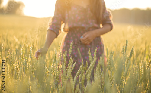 Silhouette of a girl on the background of wheat ears