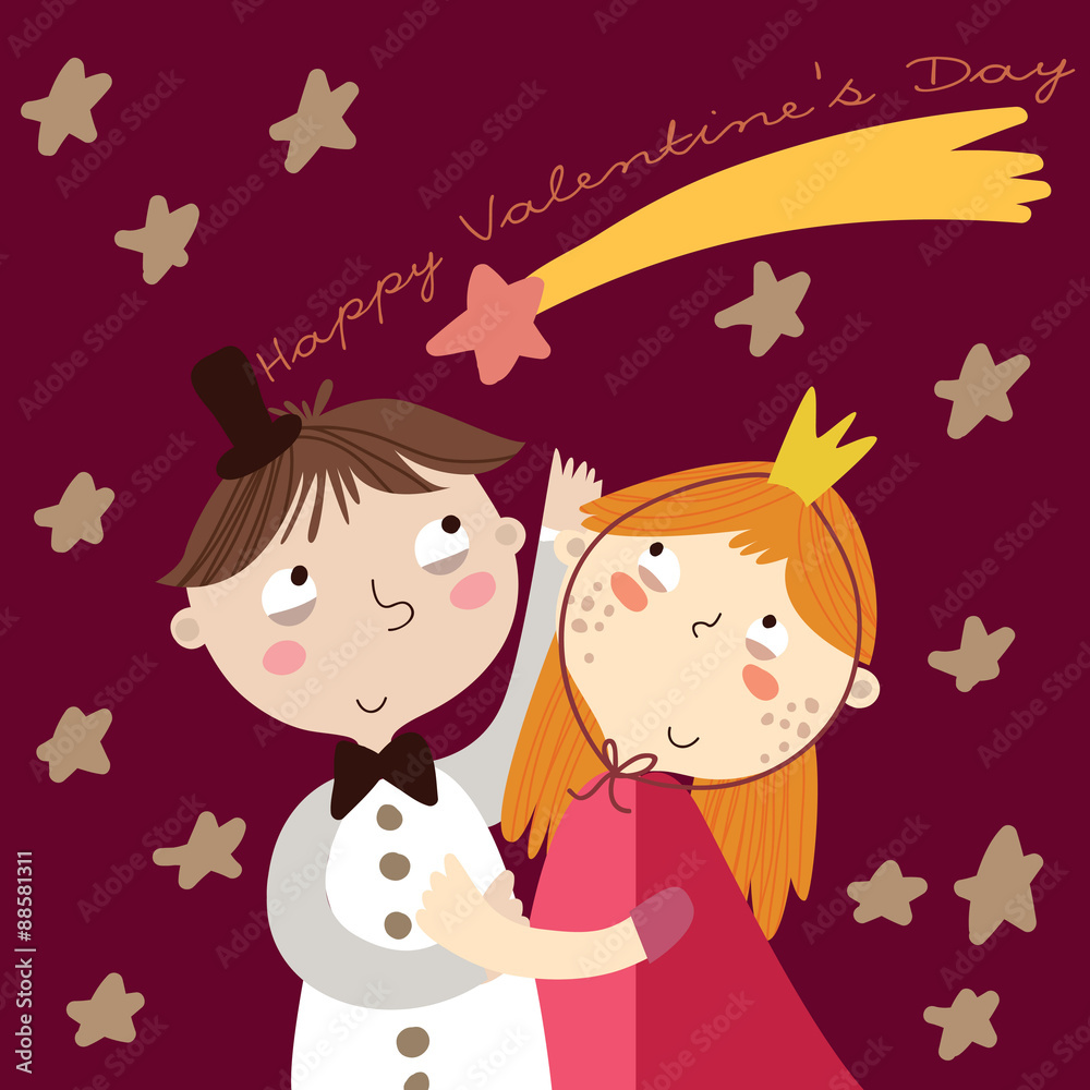Valentine's Day.Romantic concept. Loving boy and girl. Cute cart Valentine's Day.Romantic concept. Loving boy and girl. Cute cart