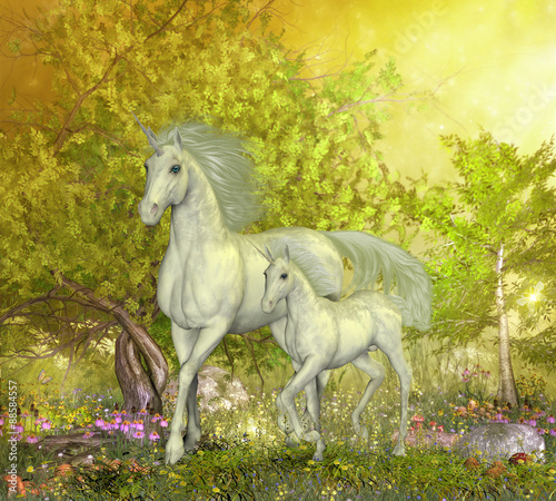 Unicorns in Glen - A white mother unicorn leads her colt through the magical forest full of spring flowers.