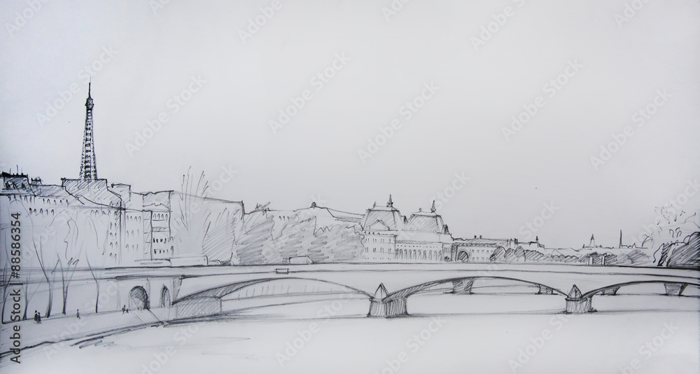 Painting of Paris, France, painted by pencil