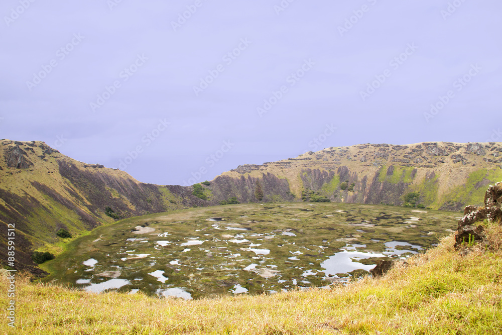 Water fills the crater of Rano Kau, an extinct volcano.Easter Island, Chile