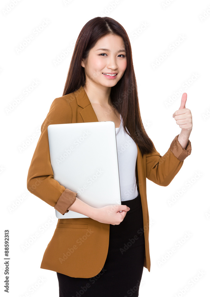 Woman with laptop computer and thumb up Woman with laptop computer and thumb up