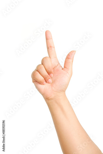 female hand touching or pointing to something isolated on white background