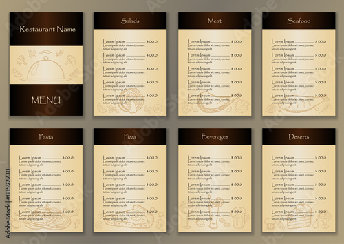 Restaurant menu with hand drawn doodle elements