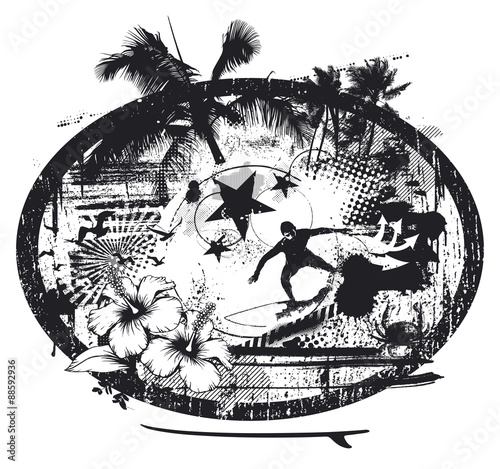 summer stencil scene with summer elements and surfer