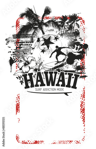 beauty hawaiian summer banner with beach and surfer riding a wave