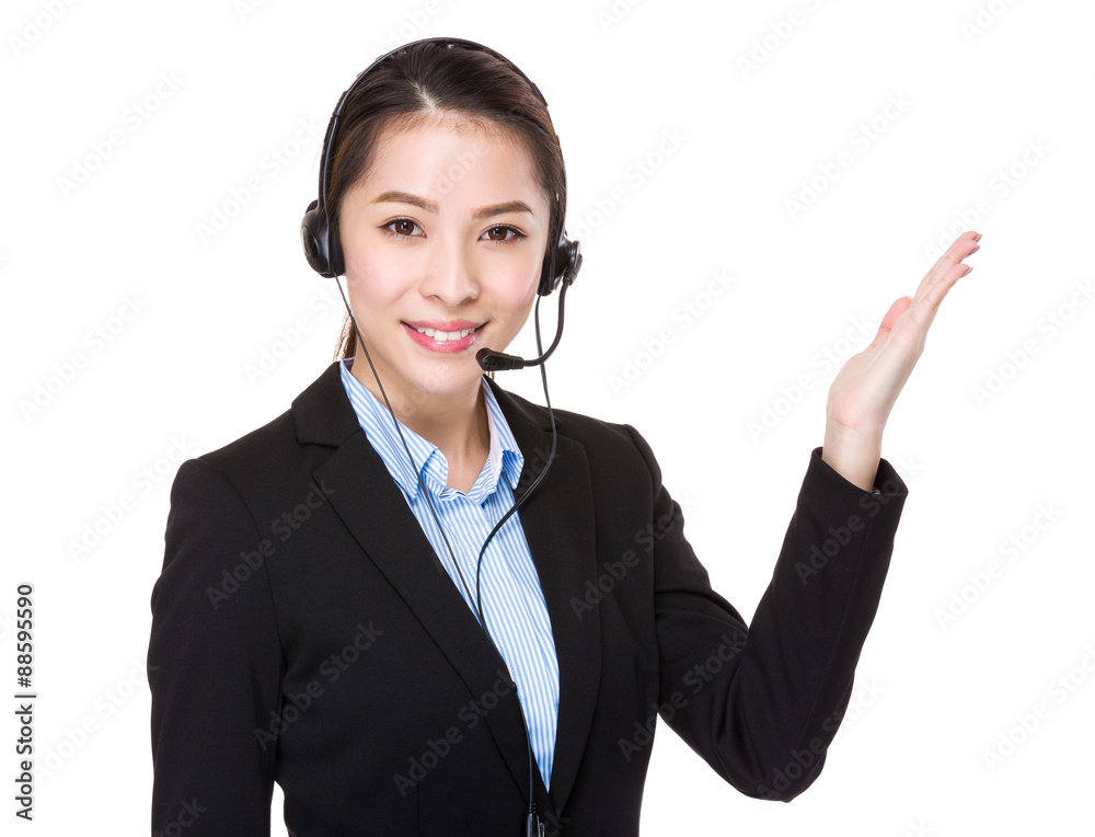 Telemarketing operator with open hand palm Telemarketing operator with open hand palm