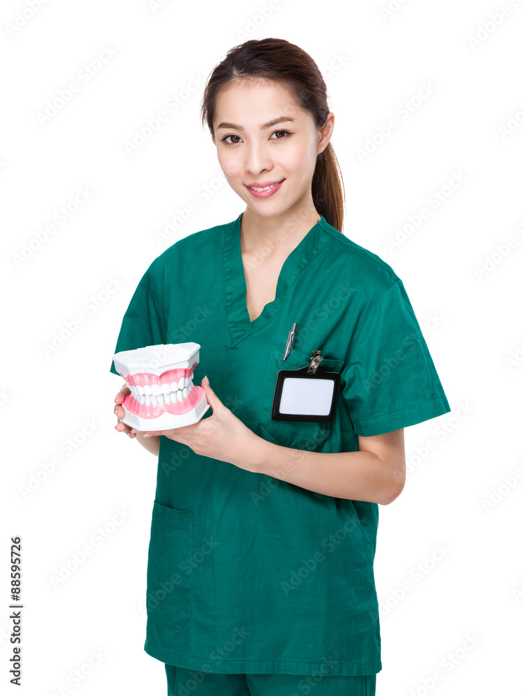 Dentist hold with plastic denture for showing other Dentist hold with plastic denture for showing other
