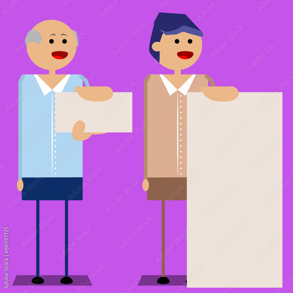 Vector set of old and young businessman present whiteboard and card on purple background. Vector set of old and young businessman present whiteboard and card on purple background.