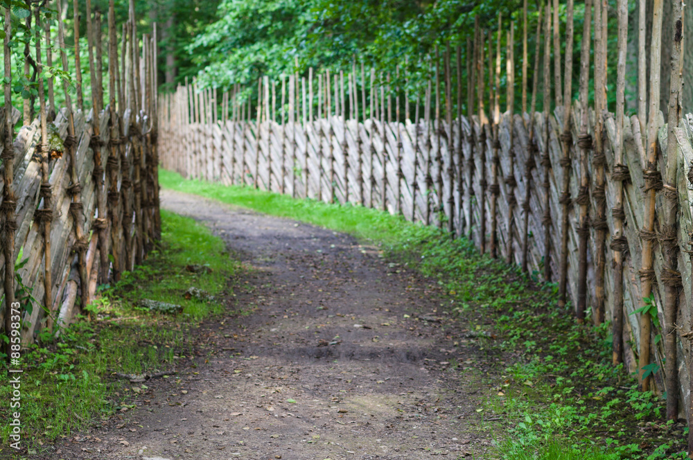 Defocused background of turning footpath between decorative wood