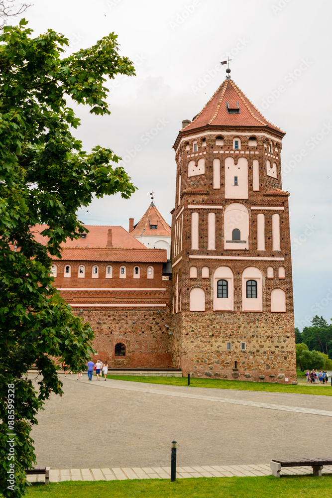 Medieval Mirskiy castle in Mir. Grodno region. Belarus. Focus on