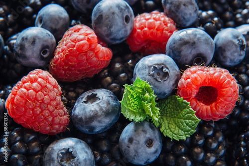 Obraz na plátně Healthy mixed fruit and ingredients from top view