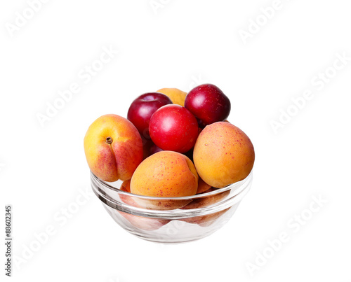 apricot, peach plum isolated on white background