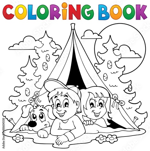 Coloring book kids camping in forest
