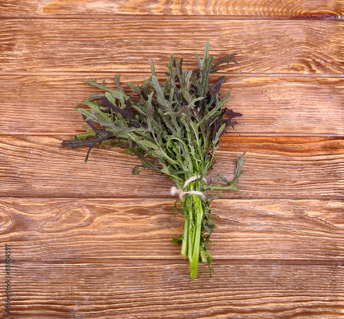 herbs hanging over wooden background