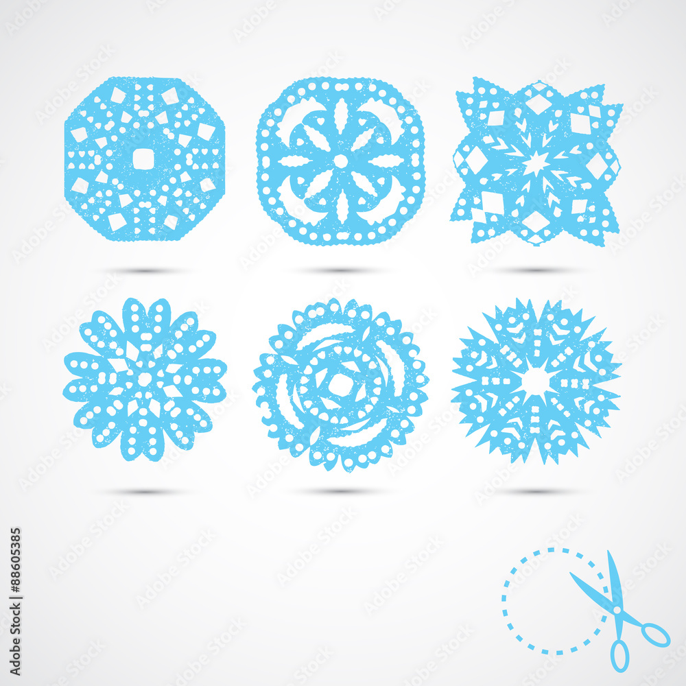 Set of 6 vector snowflakes.; with scratches on grey background.