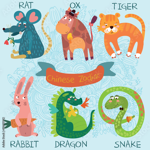 Cute Chinese Zodiac-vector set. Rat, ox, tiger, rabbit, dragon,