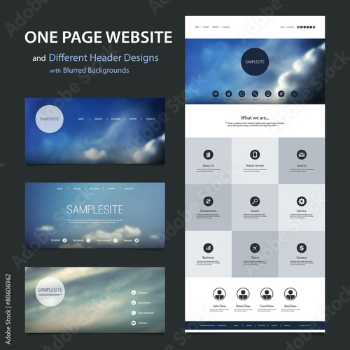 One Page Website Template and Different Header Designs with Blurred Backgrounds