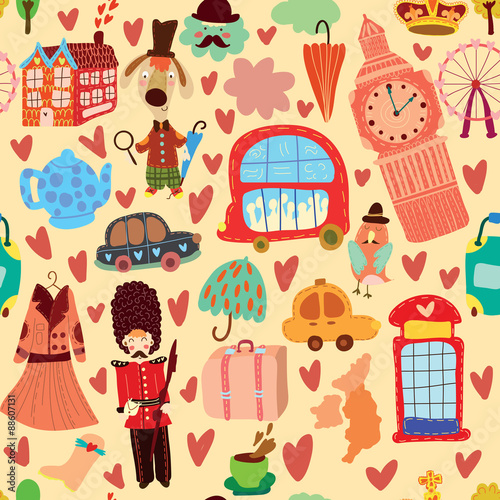 Cartoon seamless pattern with London elements. Seamless pattern