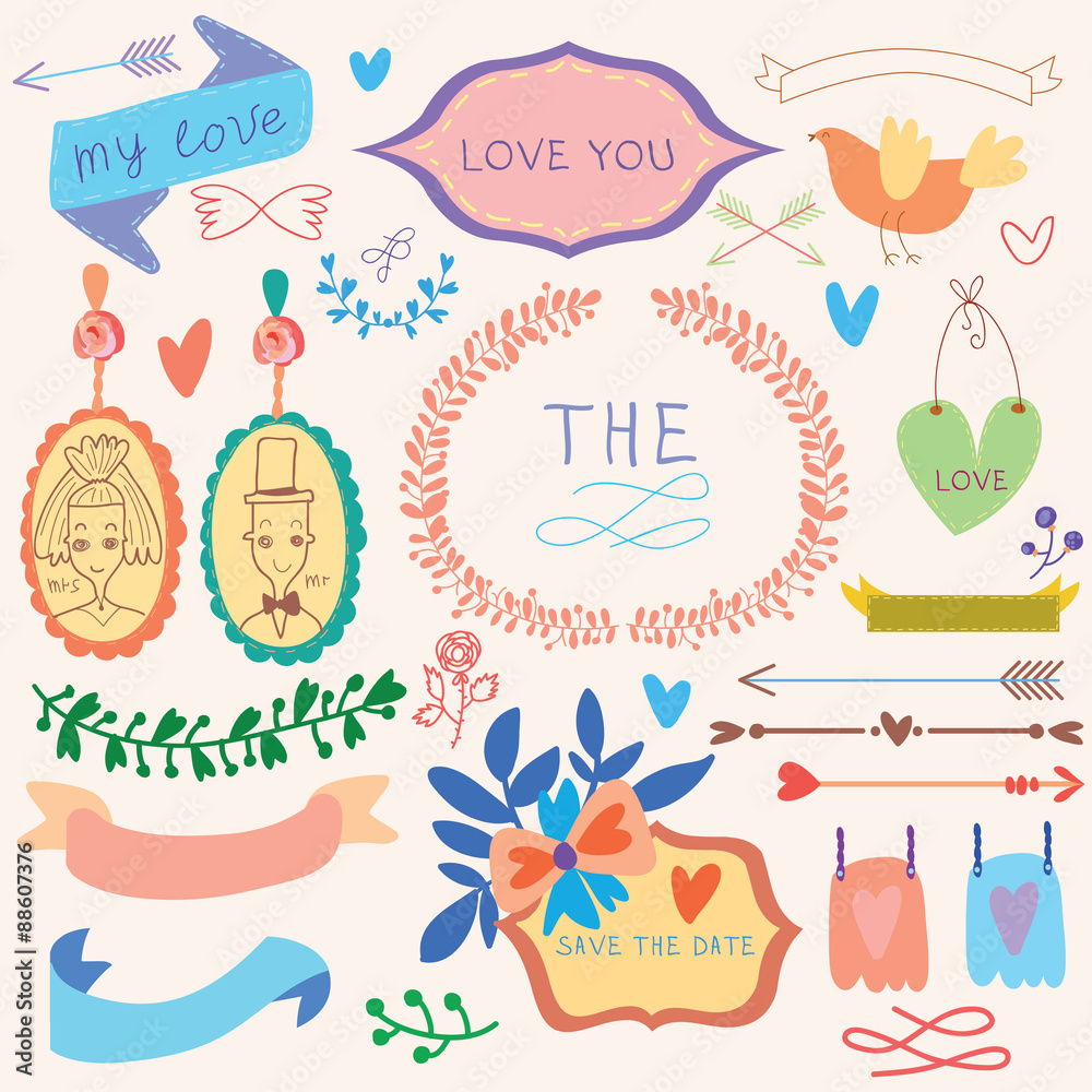 Fototapeta premium Wedding graphic set, arrows, hearts, laurel, wreaths, ribbons an