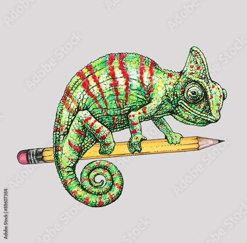 Vector illustration: red green chameleon on yellow pencil