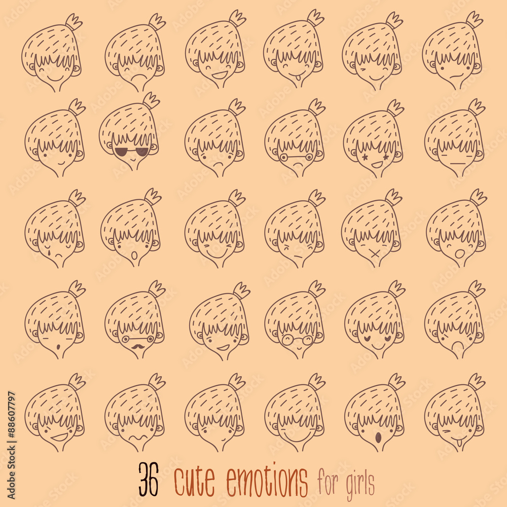 Cartoon vector set. 36 different emotions with girl.