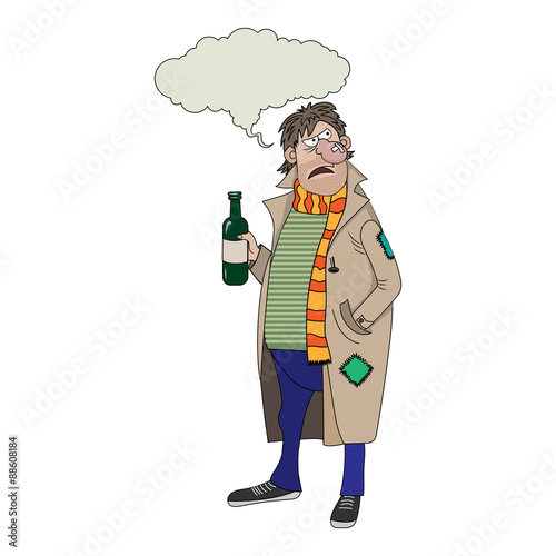 Drunk with a bottle. Vector illustration isolated on white background.