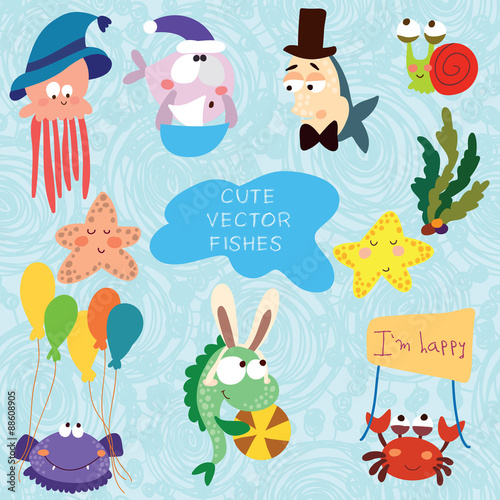 Cartoon vector set with fishes  Sea vector elements .Childish il