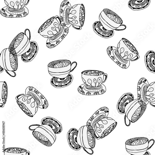 Black and white pattern with cups and saucers.Seamless.