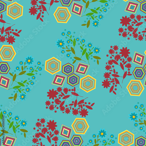 Flowers and polygons on a turquoise background. Seamless.