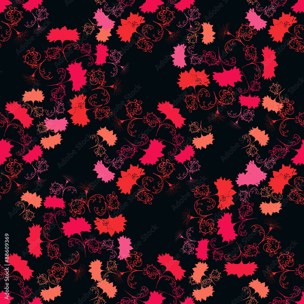 Pink and red flowers on a dark background.Seamless.