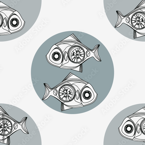 Beautiful fish Steampunk and gray circles.Seamless.