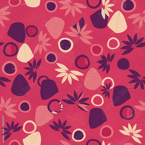 Leaves seamless pattern vector illustration on a red background.