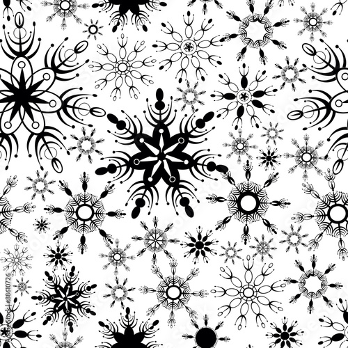 Black snowflakes on a white background. Seamless pattern. Vector. Winter graphic composition. Christmas.