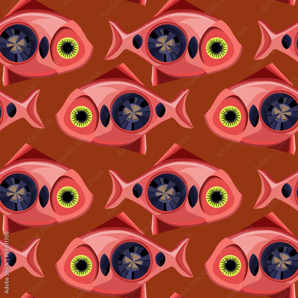 Fototapeta premium Big pink fish on a brown background.Seamless style steam punk.