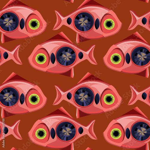 Big pink fish on a brown background.Seamless style steam punk.
