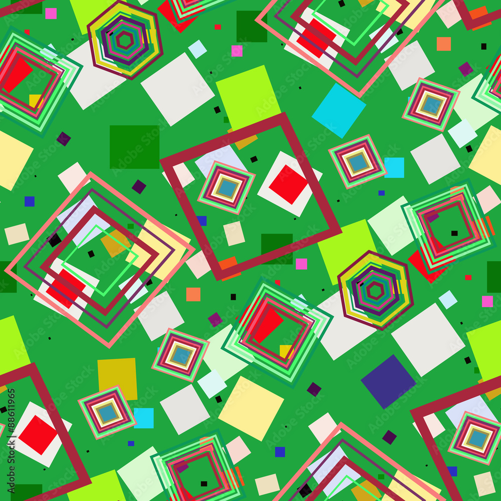 Randomly arranged colored squares on a green background. Seamless. Randomly arranged colored squares on a green background. Seamless.