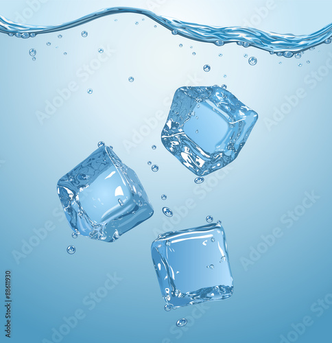 Three ice cubes dropped into water. EPS10