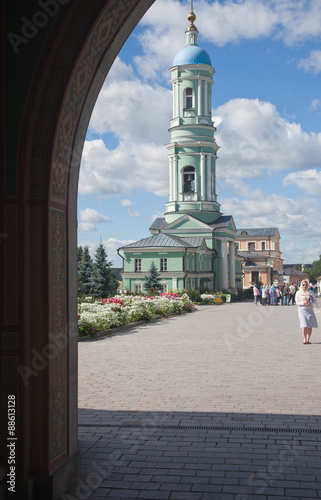Optina Pustyn. A view of a belltower and the Temple in honor of the Kazan icon of the Mother of God from the Sacred Gate.