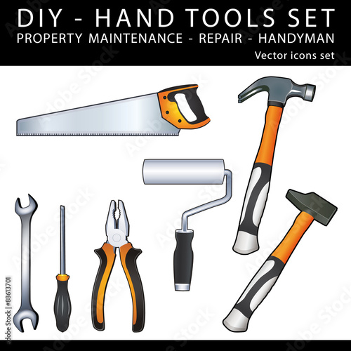 DIY Handy tools for property maintenance, repair and handyman work. Vector icons set.