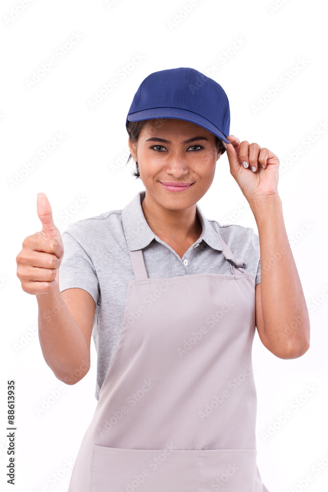 female service staff showing thumb up hand gesture female service staff showing thumb up hand gesture
