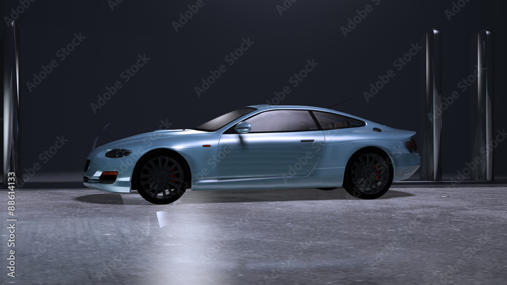 Sportwagen vor einer reflektierenden Metallwand